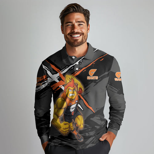 Greater Western Sydney Giants Long Sleeve Polo Shirt Orange Muscular Mascot Graphic - Abstract Paint Splatter Art