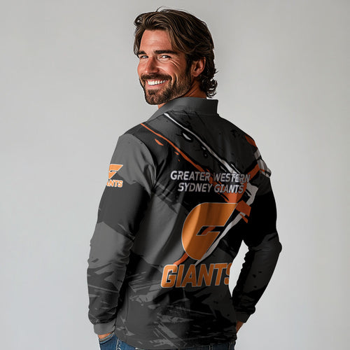 Greater Western Sydney Giants Long Sleeve Polo Shirt Orange Muscular Mascot Graphic - Abstract Paint Splatter Art