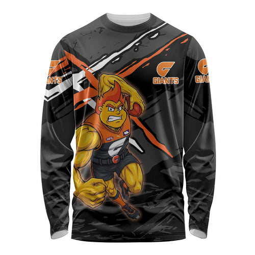 Greater Western Sydney Giants Long Sleeve Shirt Orange Muscular Mascot Graphic - Abstract Paint Splatter Art