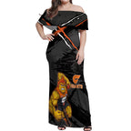 Greater Western Sydney Giants Off Shoulder Maxi Dress Orange Muscular Mascot Graphic - Abstract Paint Splatter Art