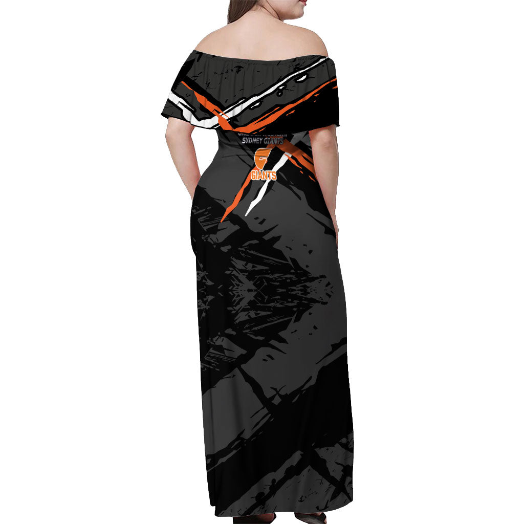 Greater Western Sydney Giants Off Shoulder Maxi Dress Orange Muscular Mascot Graphic - Abstract Paint Splatter Art