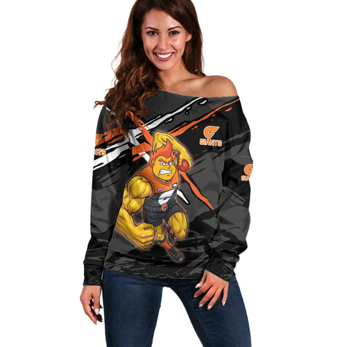 Greater Western Sydney Giants Off Shoulder Sweater Orange Muscular Mascot Graphic - Abstract Paint Splatter Art