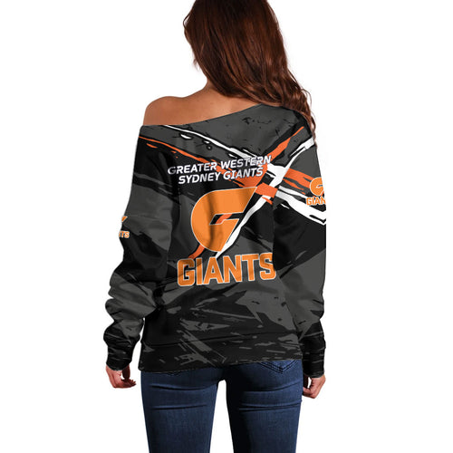 Greater Western Sydney Giants Off Shoulder Sweater Orange Muscular Mascot Graphic - Abstract Paint Splatter Art