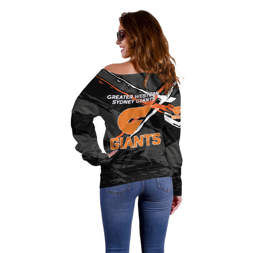 Greater Western Sydney Giants Off Shoulder Sweater Orange Muscular Mascot Graphic - Abstract Paint Splatter Art