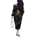 Greater Western Sydney Giants Off The Shoulder Long Sleeve Dress Orange Muscular Mascot Graphic - Abstract Paint Splatter Art