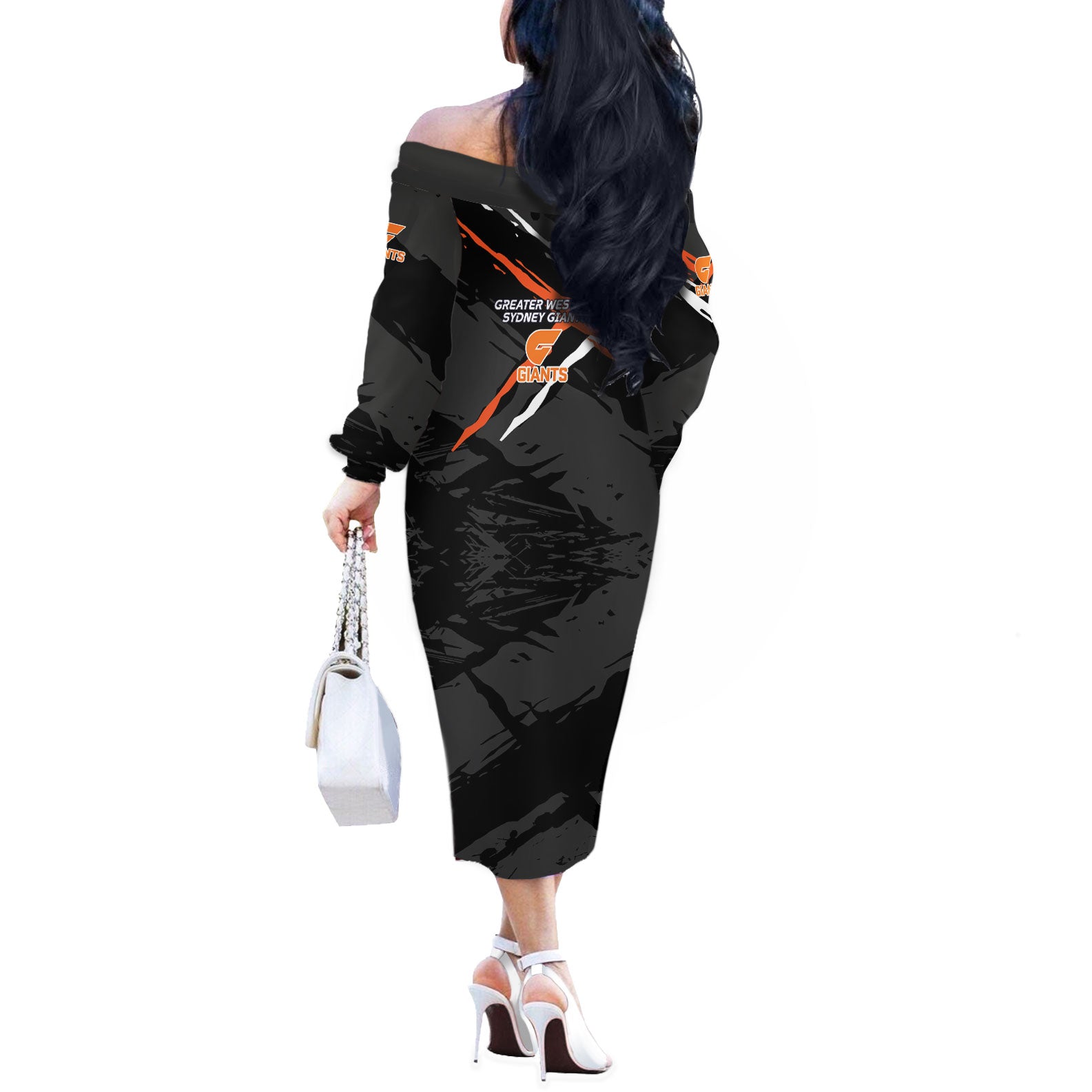 Greater Western Sydney Giants Off The Shoulder Long Sleeve Dress Orange Muscular Mascot Graphic - Abstract Paint Splatter Art