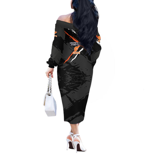 Greater Western Sydney Giants Off The Shoulder Long Sleeve Dress Orange Muscular Mascot Graphic - Abstract Paint Splatter Art