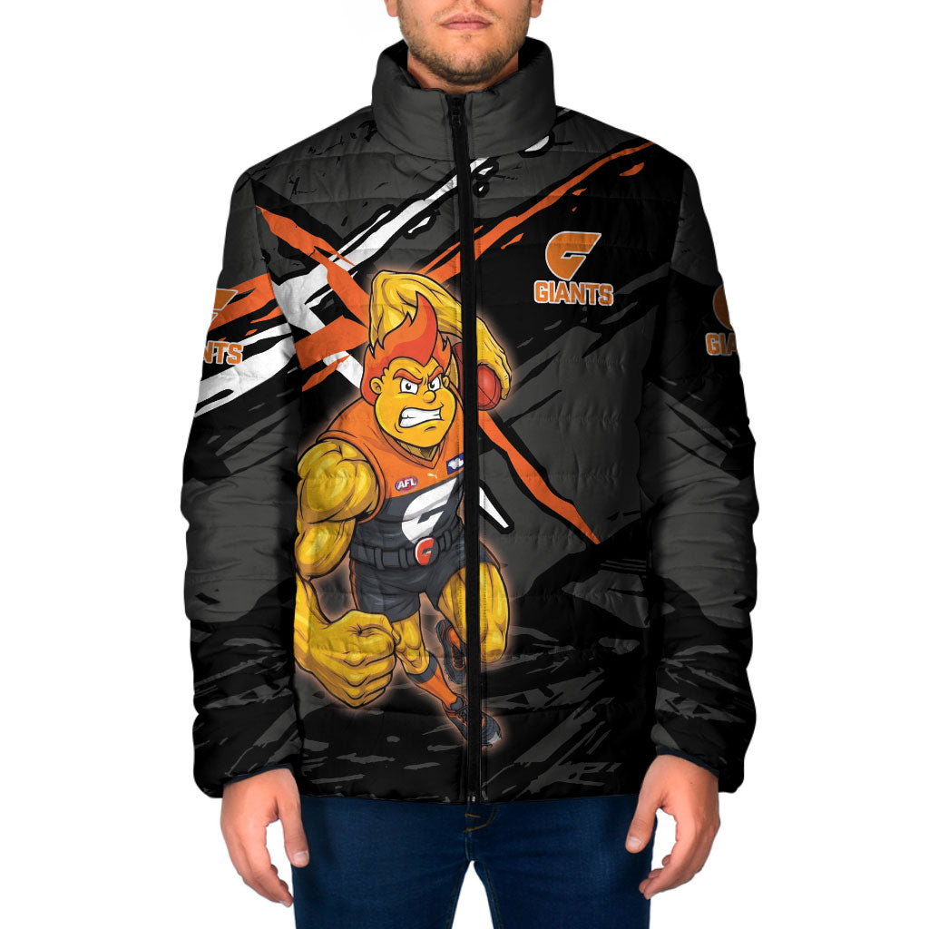 Greater Western Sydney Giants Padded Jacket Orange Muscular Mascot Graphic - Abstract Paint Splatter Art