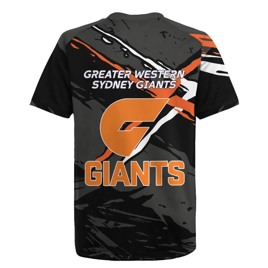Greater Western Sydney Giants Rugby Jersey Orange Muscular Mascot Graphic - Abstract Paint Splatter Art