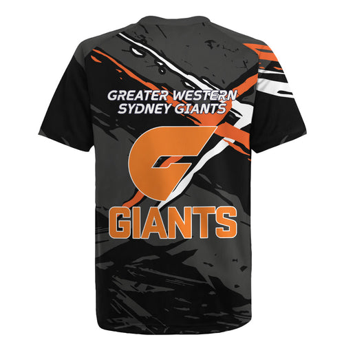 Greater Western Sydney Giants Rugby Jersey Orange Muscular Mascot Graphic - Abstract Paint Splatter Art