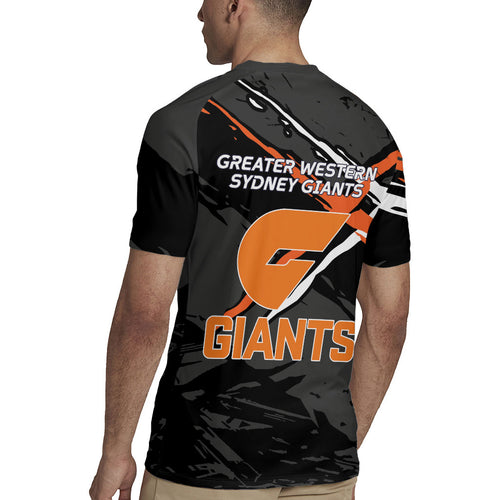 Greater Western Sydney Giants Rugby Jersey Orange Muscular Mascot Graphic - Abstract Paint Splatter Art