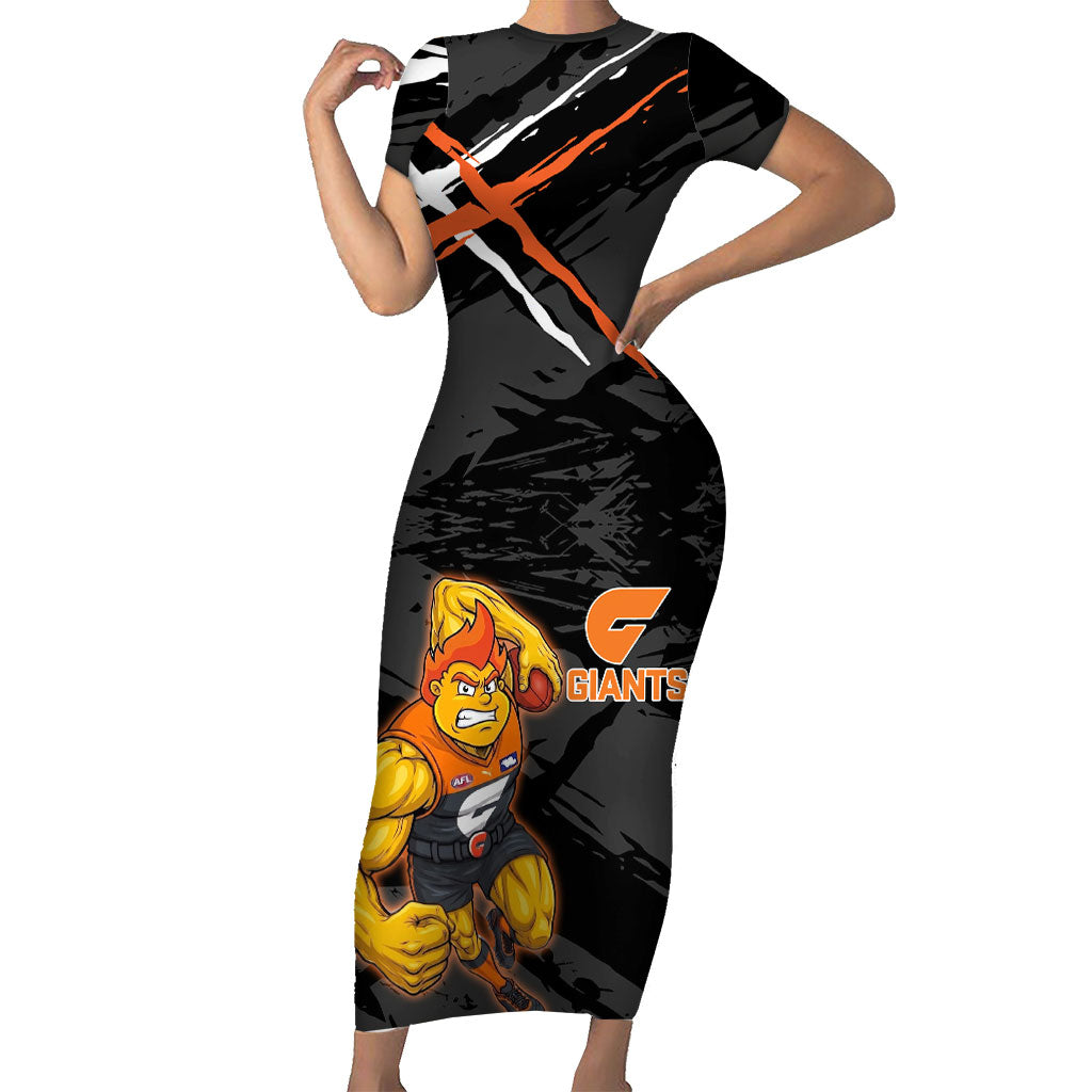 Greater Western Sydney Giants Short Sleeve Bodycon Dress Orange Muscular Mascot Graphic - Abstract Paint Splatter Art