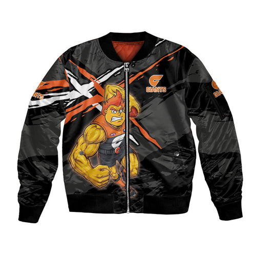 Greater Western Sydney Giants Sleeve Zip Bomber Jacket Orange Muscular Mascot Graphic - Abstract Paint Splatter Art