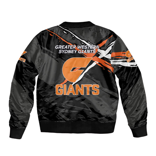 Greater Western Sydney Giants Sleeve Zip Bomber Jacket Orange Muscular Mascot Graphic - Abstract Paint Splatter Art