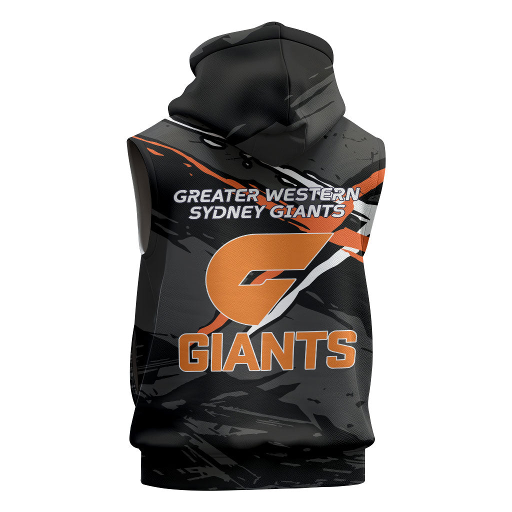 Greater Western Sydney Giants Sleeveless Hoodie Orange Muscular Mascot Graphic - Abstract Paint Splatter Art