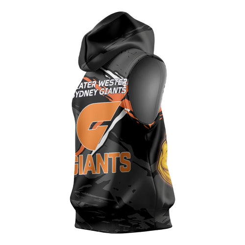 Greater Western Sydney Giants Sleeveless Hoodie Orange Muscular Mascot Graphic - Abstract Paint Splatter Art