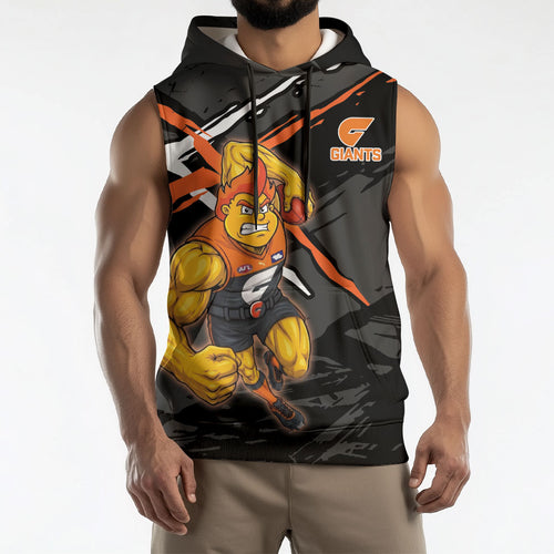 Greater Western Sydney Giants Sleeveless Hoodie Orange Muscular Mascot Graphic - Abstract Paint Splatter Art