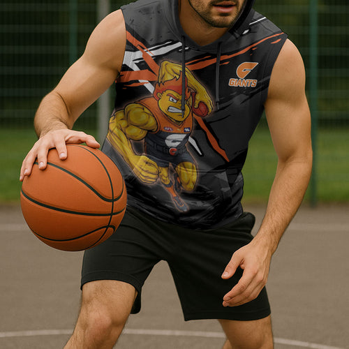 Greater Western Sydney Giants Sleeveless Hoodie Orange Muscular Mascot Graphic - Abstract Paint Splatter Art