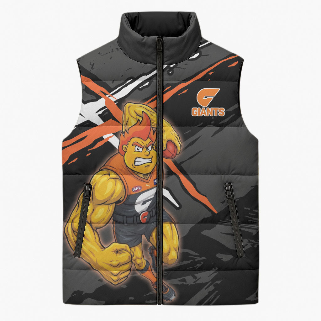 Greater Western Sydney Giants Sleeveless Puffer Jacket Orange Muscular Mascot Graphic - Abstract Paint Splatter Art