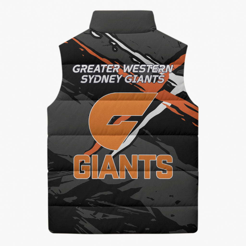 Greater Western Sydney Giants Sleeveless Puffer Jacket Orange Muscular Mascot Graphic - Abstract Paint Splatter Art