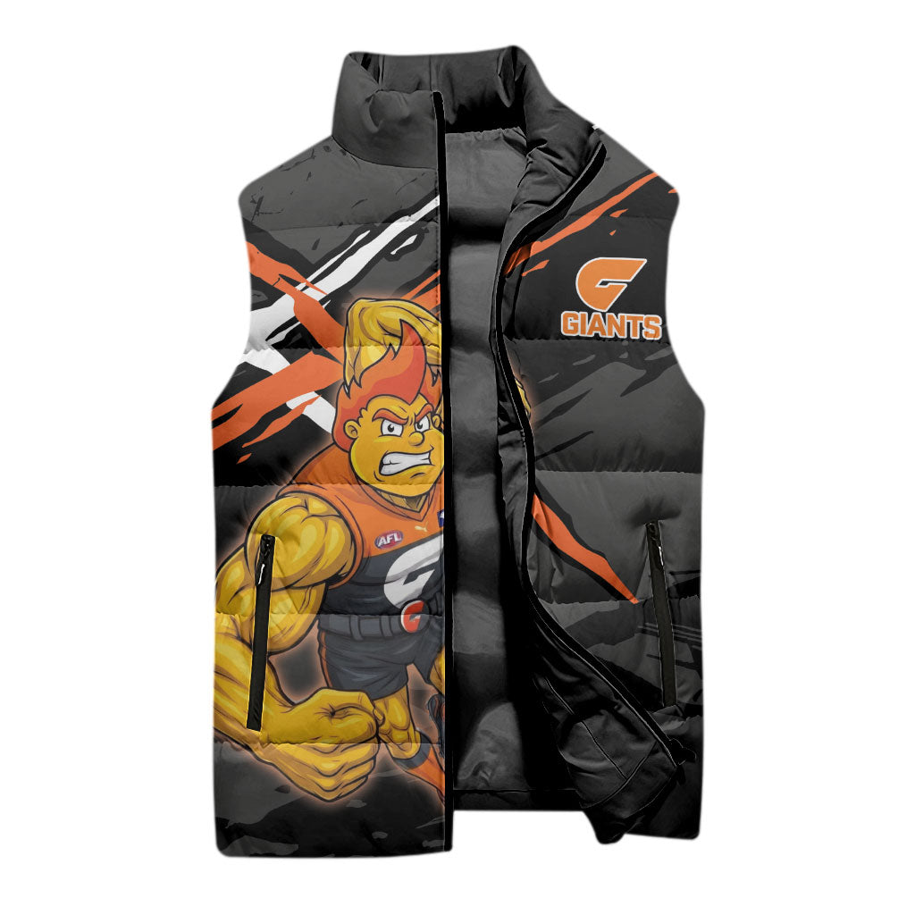 Greater Western Sydney Giants Sleeveless Puffer Jacket Orange Muscular Mascot Graphic - Abstract Paint Splatter Art
