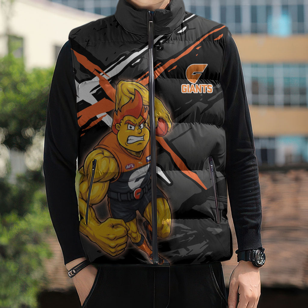 Greater Western Sydney Giants Sleeveless Puffer Jacket Orange Muscular Mascot Graphic - Abstract Paint Splatter Art