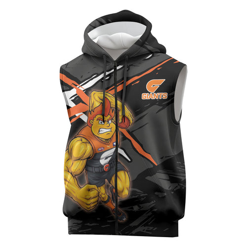 Greater Western Sydney Giants Sleeveless Zip Hoodie Orange Muscular Mascot Graphic - Abstract Paint Splatter Art