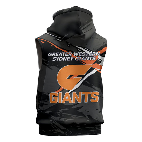 Greater Western Sydney Giants Sleeveless Zip Hoodie Orange Muscular Mascot Graphic - Abstract Paint Splatter Art