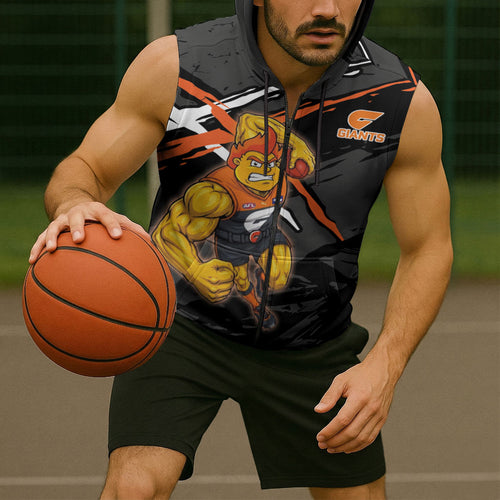 Greater Western Sydney Giants Sleeveless Zip Hoodie Orange Muscular Mascot Graphic - Abstract Paint Splatter Art