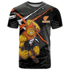 Greater Western Sydney Giants T Shirt Orange Muscular Mascot Graphic - Abstract Paint Splatter Art
