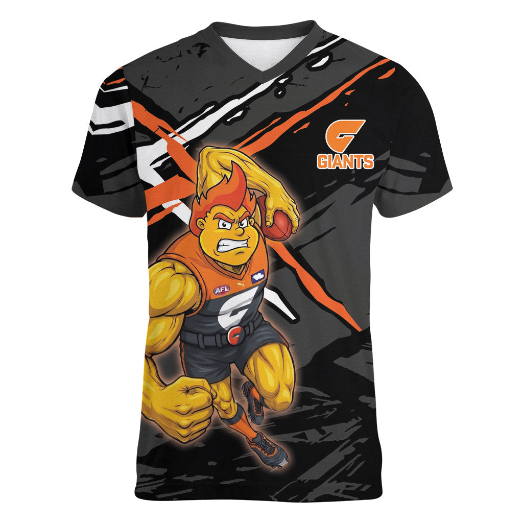 Greater Western Sydney Giants Women V-Neck T-Shirt Orange Muscular Mascot Graphic - Abstract Paint Splatter Art