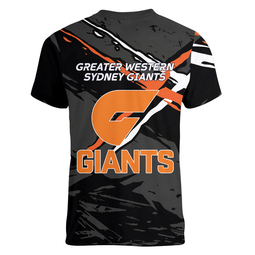 Greater Western Sydney Giants Women V-Neck T-Shirt Orange Muscular Mascot Graphic - Abstract Paint Splatter Art