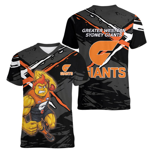 Greater Western Sydney Giants Women V-Neck T-Shirt Orange Muscular Mascot Graphic - Abstract Paint Splatter Art