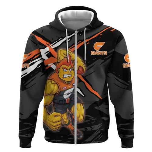 Greater Western Sydney Giants Zip Hoodie Orange Muscular Mascot Graphic - Abstract Paint Splatter Art