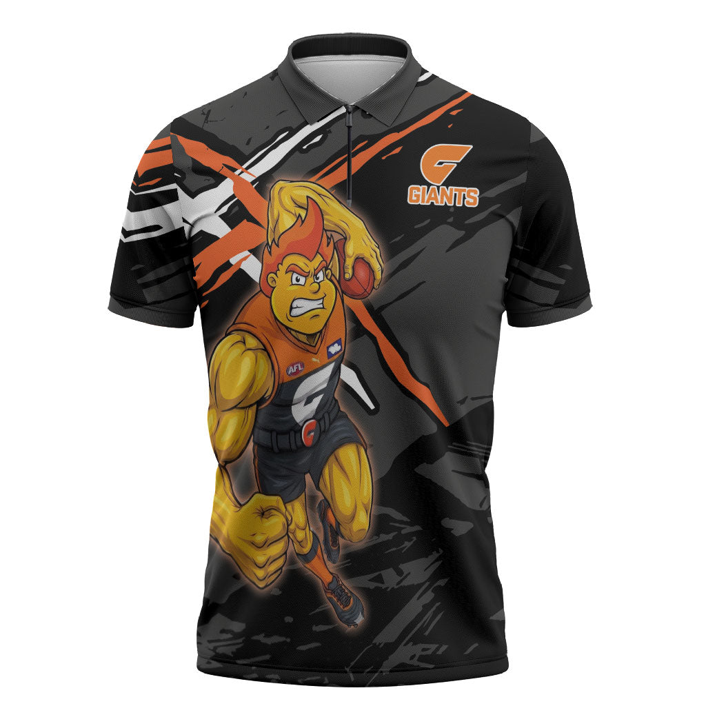 Greater Western Sydney Giants Zipper Polo Shirt Orange Muscular Mascot Graphic - Abstract Paint Splatter Art