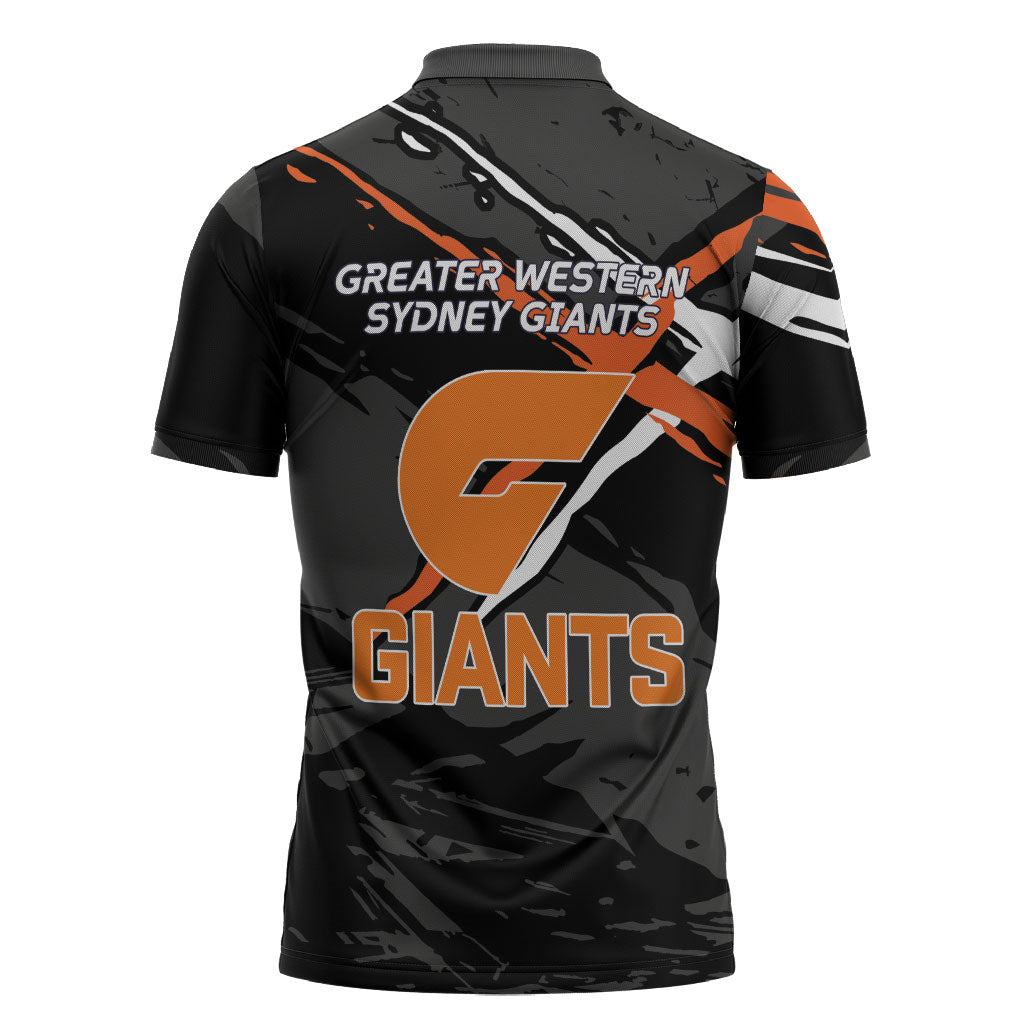 Greater Western Sydney Giants Zipper Polo Shirt Orange Muscular Mascot Graphic - Abstract Paint Splatter Art