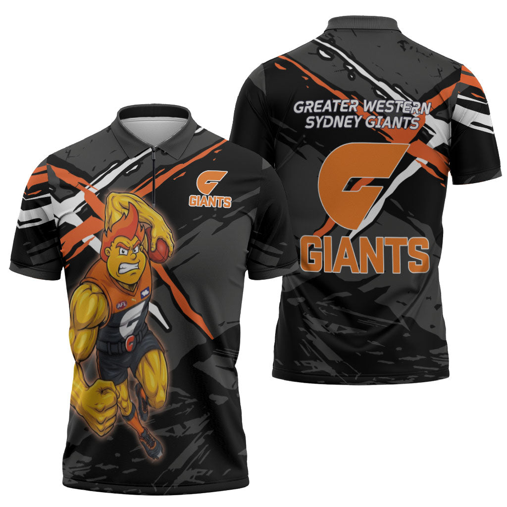 Greater Western Sydney Giants Zipper Polo Shirt Orange Muscular Mascot Graphic - Abstract Paint Splatter Art
