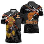Greater Western Sydney Giants Zipper Polo Shirt Orange Muscular Mascot Graphic - Abstract Paint Splatter Art
