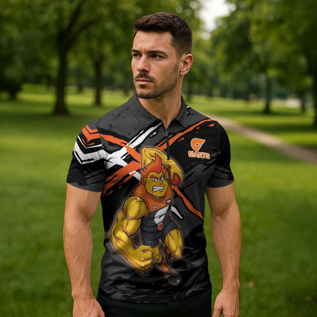 Greater Western Sydney Giants Zipper Polo Shirt Orange Muscular Mascot Graphic - Abstract Paint Splatter Art