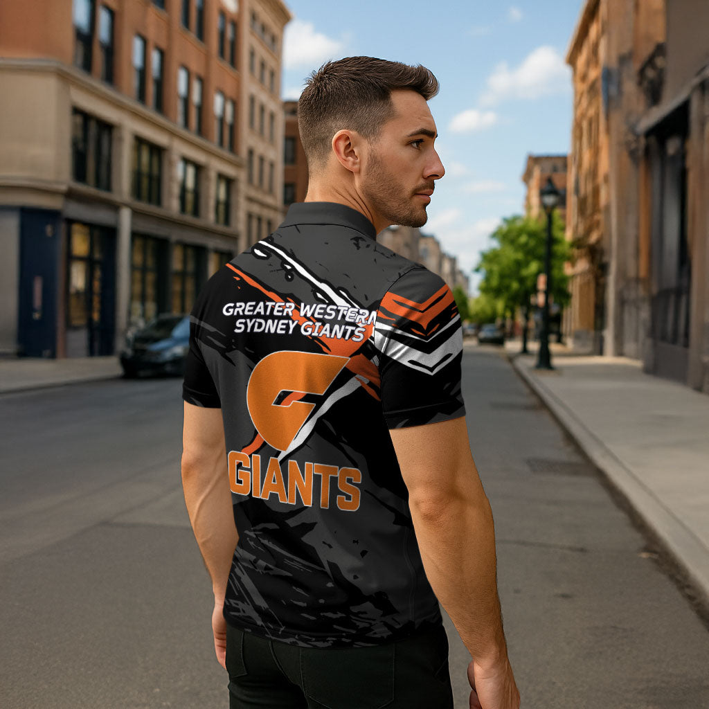 Greater Western Sydney Giants Zipper Polo Shirt Orange Muscular Mascot Graphic - Abstract Paint Splatter Art