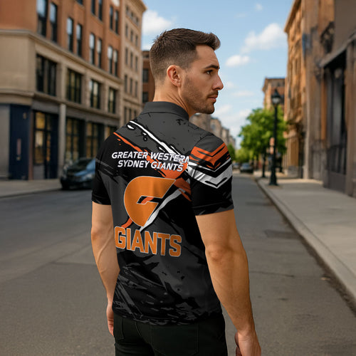 Greater Western Sydney Giants Zipper Polo Shirt Orange Muscular Mascot Graphic - Abstract Paint Splatter Art