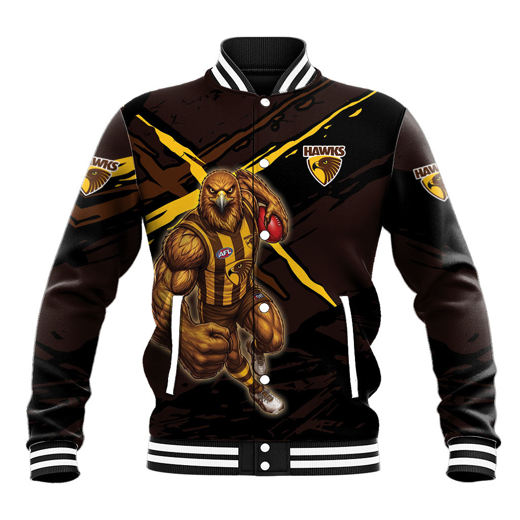 Hawthorn Football Club Baseball Jacket Hawks Muscular Mascot Graphic - Abstract Paint Splatter Art