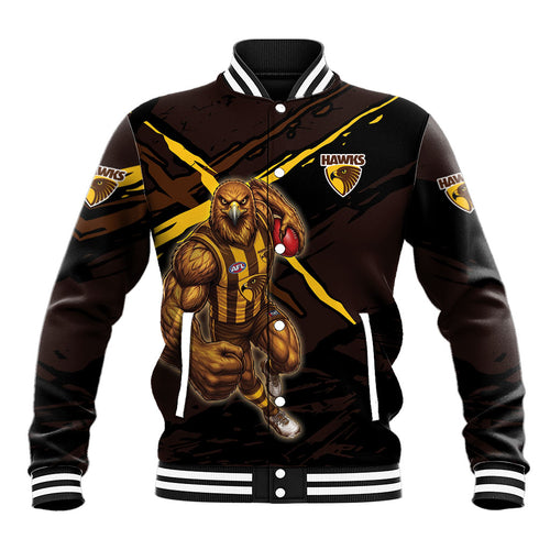 Hawthorn Football Club Baseball Jacket Hawks Muscular Mascot Graphic - Abstract Paint Splatter Art