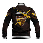 Hawthorn Football Club Baseball Jacket Hawks Muscular Mascot Graphic - Abstract Paint Splatter Art