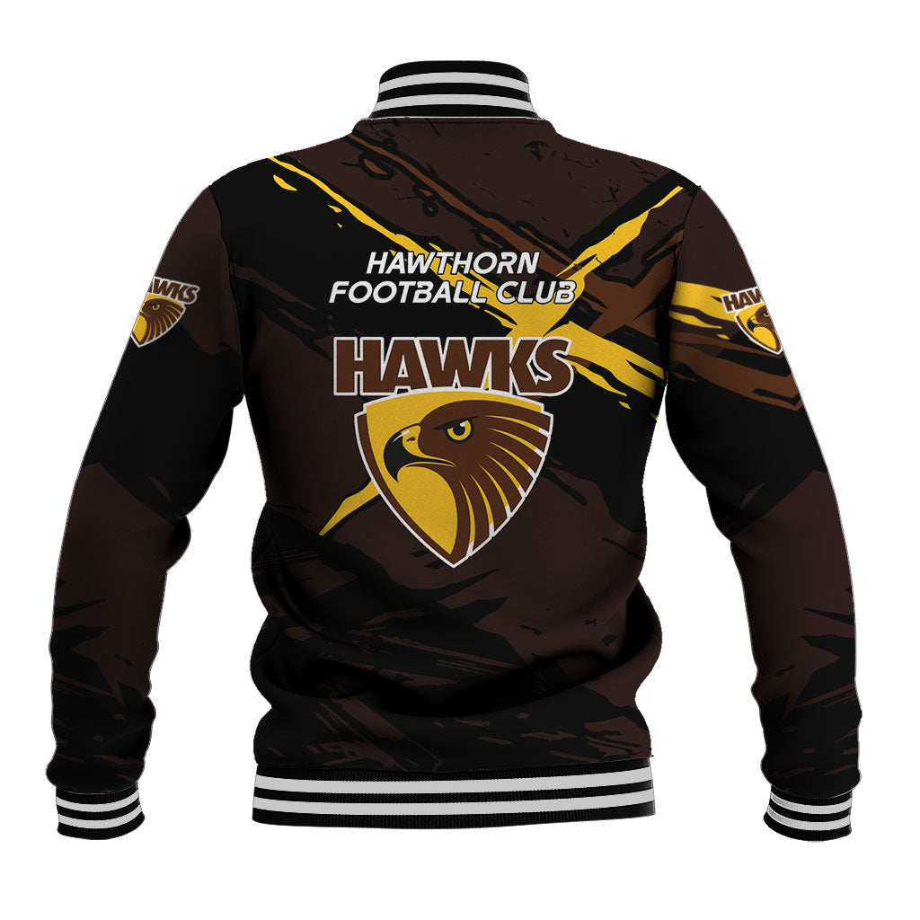 Hawthorn Football Club Baseball Jacket Hawks Muscular Mascot Graphic - Abstract Paint Splatter Art