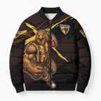 Hawthorn Football Club Bomber Puffer Jacket Hawks Muscular Mascot Graphic - Abstract Paint Splatter Art