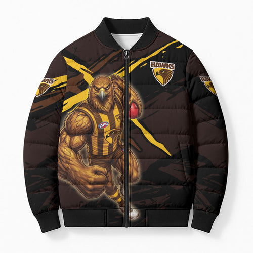 Hawthorn Football Club Bomber Puffer Jacket Hawks Muscular Mascot Graphic - Abstract Paint Splatter Art