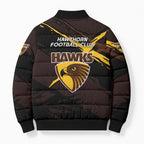 Hawthorn Football Club Bomber Puffer Jacket Hawks Muscular Mascot Graphic - Abstract Paint Splatter Art