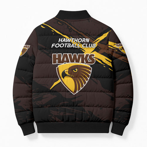 Hawthorn Football Club Bomber Puffer Jacket Hawks Muscular Mascot Graphic - Abstract Paint Splatter Art
