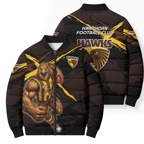 Hawthorn Football Club Bomber Puffer Jacket Hawks Muscular Mascot Graphic - Abstract Paint Splatter Art